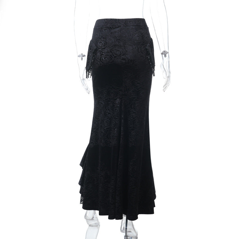 Velvet lace hem tassels maxi skirt | Festival Outfits Women