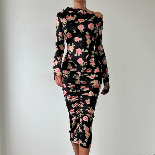 Long sleeve flower print ruched midi dress | Festival Outfits Women