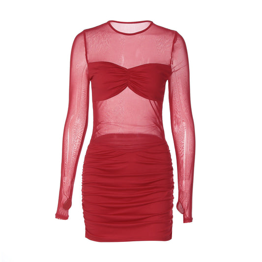 Long sleeve crewneck mesh ruched mini dress | Festival Outfits Women