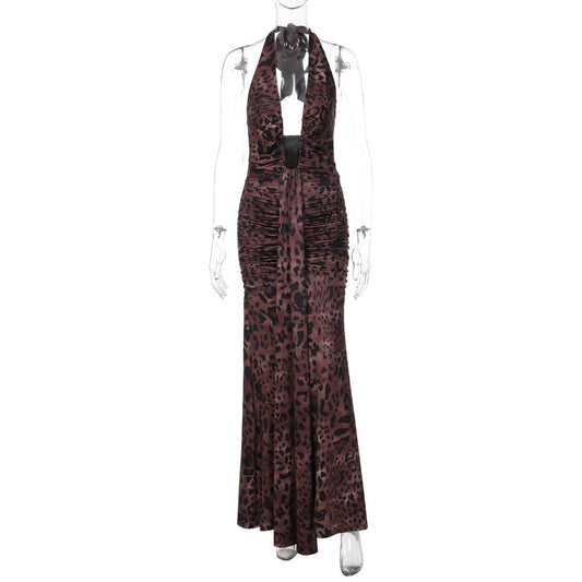 Halter self tie leopard print ruched backless maxi dress | Festival Outfits Women