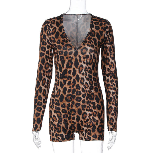 Leopard print v neck long sleeve romper | Festival Outfits Women