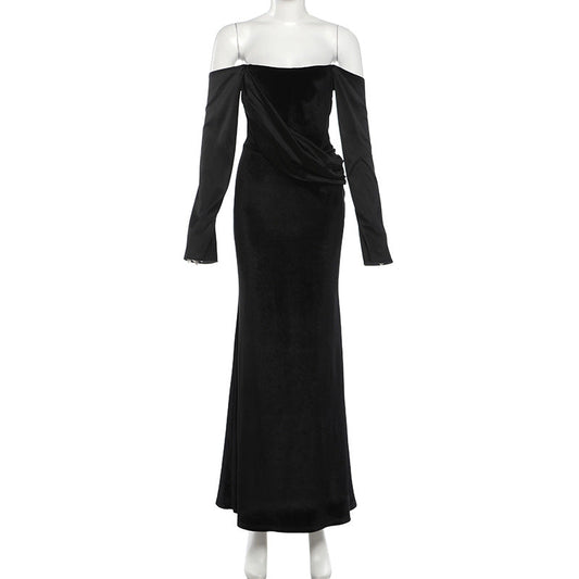 Off shoulder long sleeve velvet ruched maxi dress | Festival Outfits Women