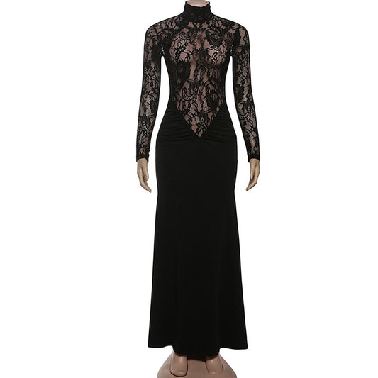 High neck long sleeve zip-up ruched maxi dress | Festival Outfits Women