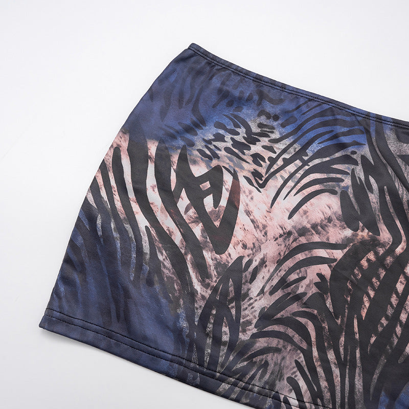 Mesh long sleeve off shoulder print mini skirt set | Festival Outfits Women