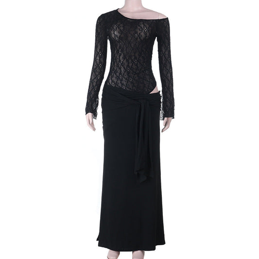 Ruched long sleeve lace hollow out cut out maxi dress | Festival Outfits Women
