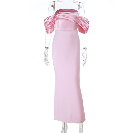 Satin ruched off shoulder zip-up slit maxi dress | Festival Outfits Women