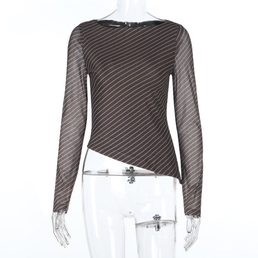 Striped long sleeve crewneck irregular top | Festival Outfits Women