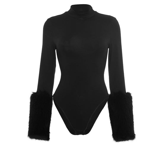 Long sleeve fluffy crewneck button bodysuit | Festival Outfits Women