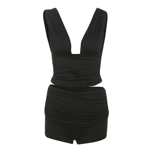 V neck ruched solid short pant set | Festival Outfits Women