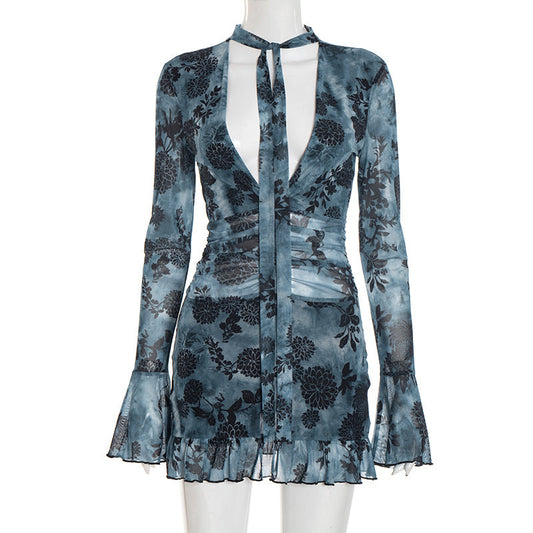 V neck long flared sleeve mesh flower print mini dress | Festival Outfits Women