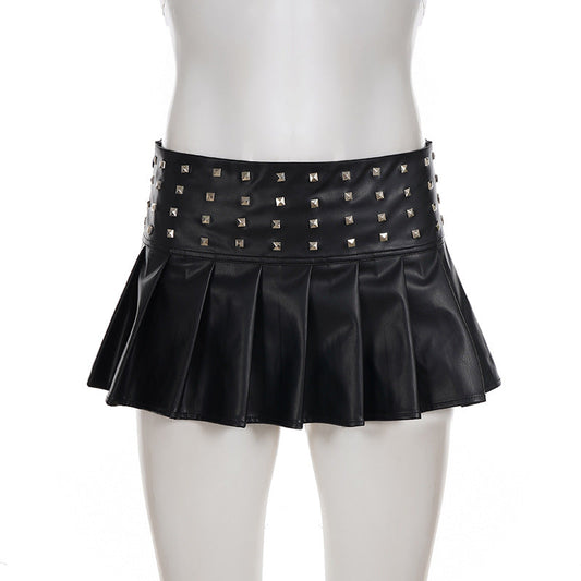 Pleated rivet PU leather mini skirt Cargo Mini Skirt | Festival Outfits Women