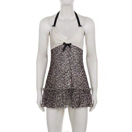 Halter v neck bowknot leopard print mesh mini dress | Festival Outfits Women | Leopard Print Mini Dress