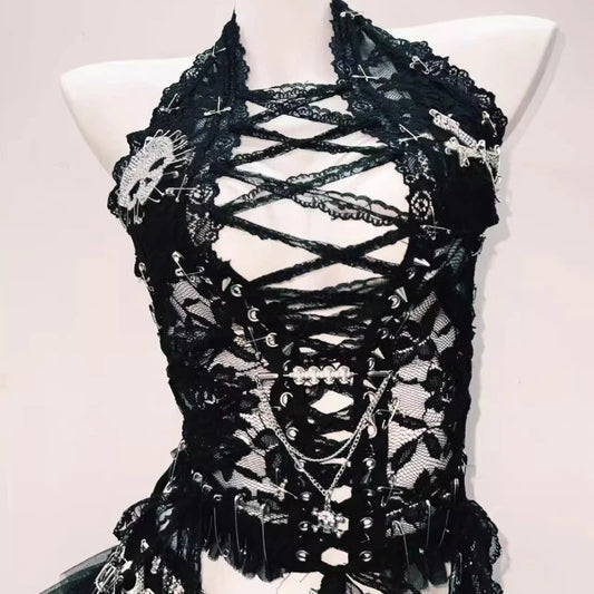 Halter skull beaded lace up lace mesh backless top | Festival Outfits Women
