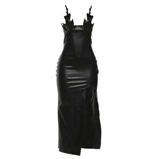 PU leather slit backless maxi dress | Festival Outfits Women