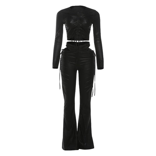 Long sleeve drawstring PU leather hollow out pant set | Festival Outfits Women
