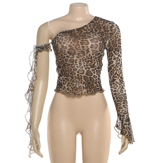 One shoulder leopard print ruffle mesh top | Festival Outfits Women | Cheetah Print Top