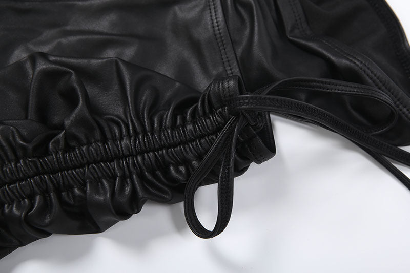 Long sleeve drawstring PU leather hollow out pant set | Festival Outfits Women