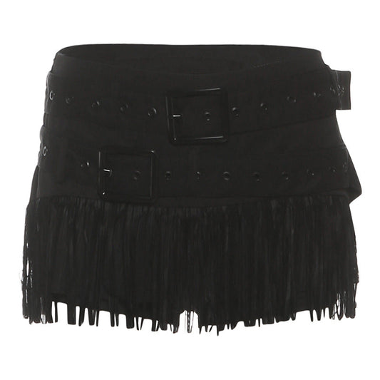 Buckle tassels solid mini skirt | Festival Outfits Women