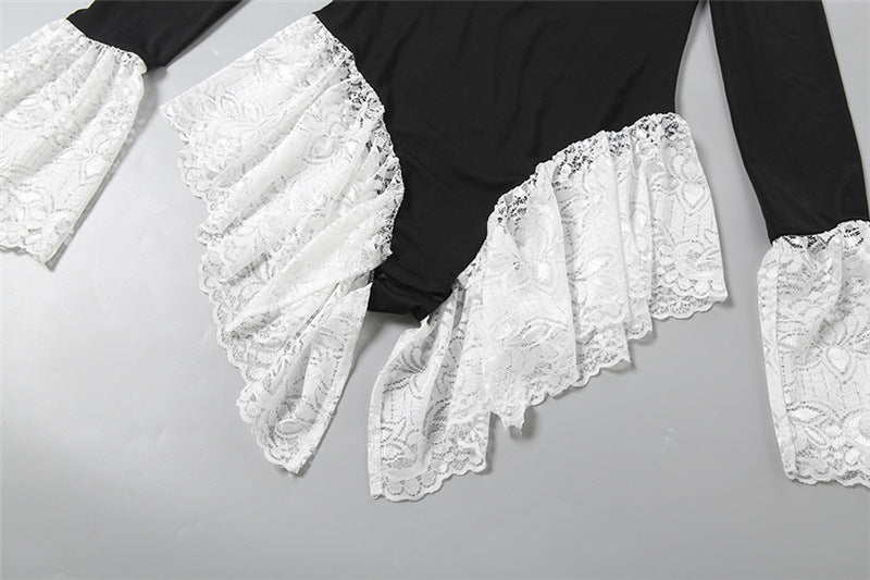 Long sleeve crewneck lace hem bodysuit | Festival Outfits Women