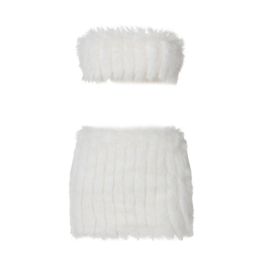 Fluffy backless tube mini skirt set | Festival Outfits Women