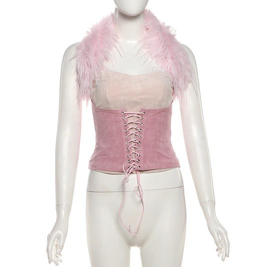 Halter lace up fluffy top | Festival Outfits Women