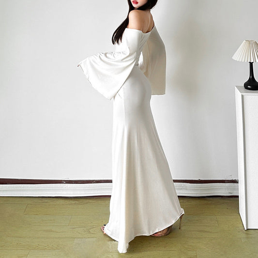 Off shoulder long flared sleeve ruched maxi dress | Festival Outfits Women