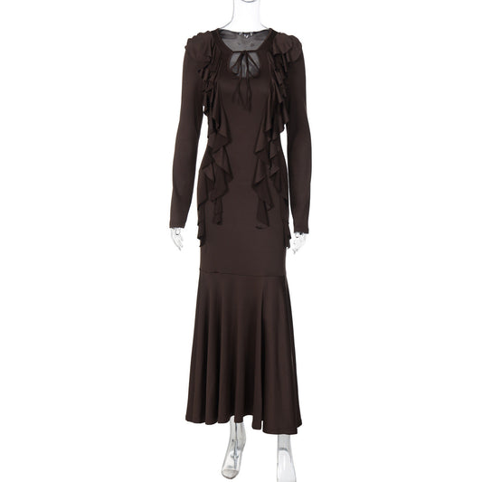 Long sleeve ruffle self tie solid maxi dress | Festival Outfits Women