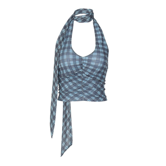 Halter u neck plaid ruched backless top | Festival Outfits Women
