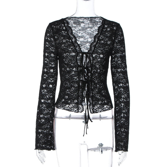 V neck long sleeve lace see through self tie top | Festival Outfits Women