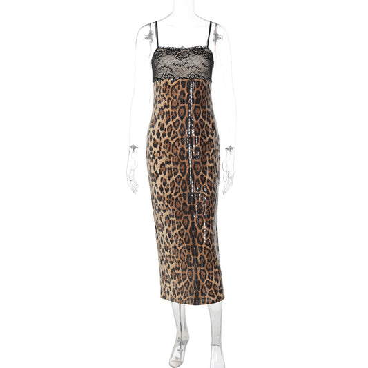 Leopard print glitter slit lace cami midi dress | Festival Outfits Women