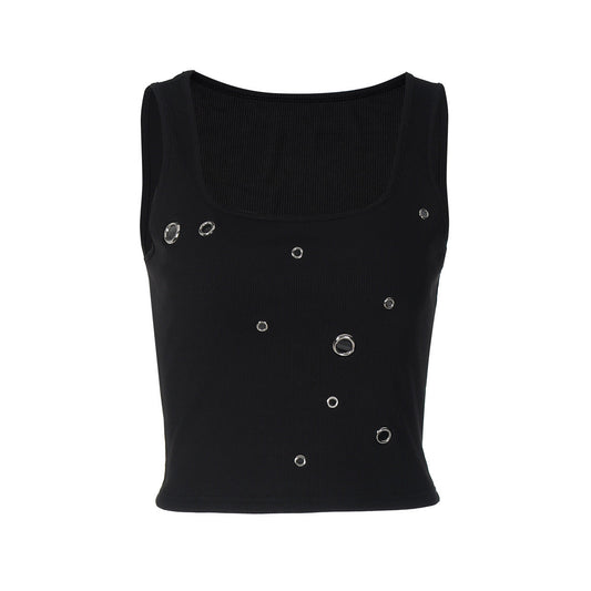 Ribbed square neck hollow out solid tank cut out top | Festival Outfits Women