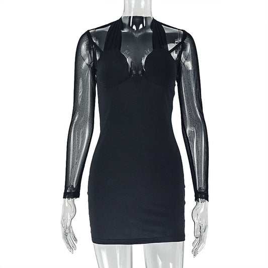 Long sleeve mesh patchwork padded mini dress | Festival Outfits Women