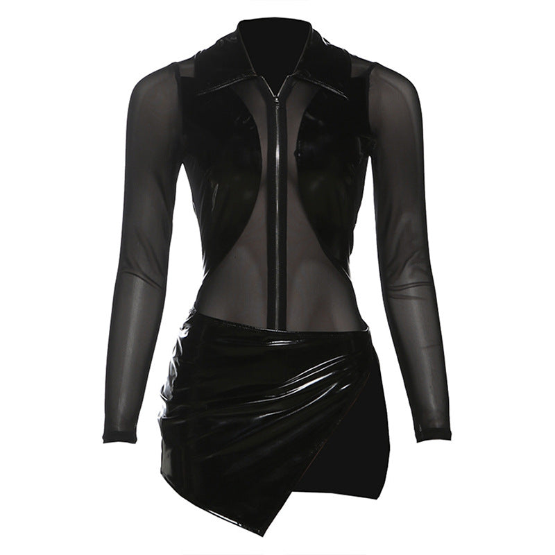 Long sleeve turnover collar PU leather mini skirt set Cargo Mini Skirt | Festival Outfits Women