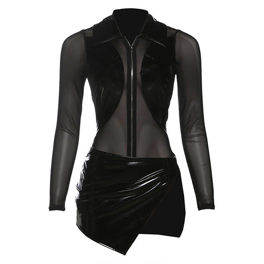 Long sleeve turnover collar PU leather mini skirt set Cargo Mini Skirt | Festival Outfits Women