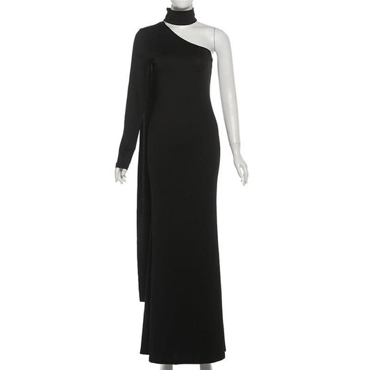 High neck one shoulder solid maxi dress | Festival Outfits Women