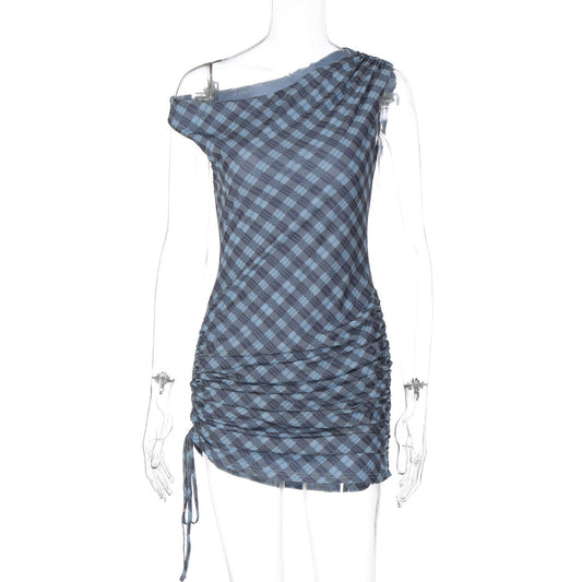 Plaid ruched drawstring irregular mini dress | Festival Outfits Women