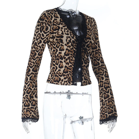 Leopard print lace hem v neck long sleeve self tie top | Festival Outfits Women | Cheetah Print Top