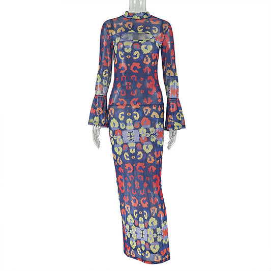 Long sleeve mesh contrast print maxi dress | Festival Outfits Women