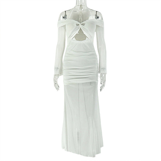 Long sleeve off shoulder halter hollow out mesh cut out maxi dress | Festival Outfits Women