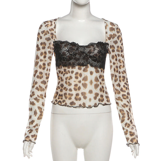 Long sleeve leopard print lace hem top | Festival Outfits Women | Cheetah Print Top