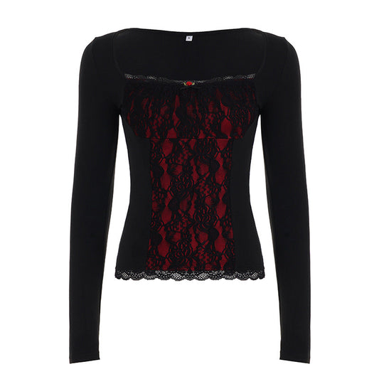 Square neck long sleeve flower applique lace top | Festival Outfits Women