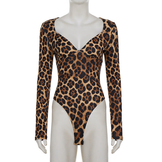 V neck long sleeve leopard print bodysuit | Festival Outfits Women
