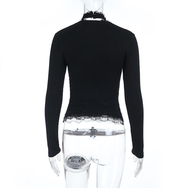 High neck long sleeve hollow out lace hem button cut out top | Festival Outfits Women