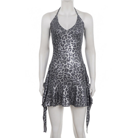 Halter v neck leopard print ruffle mini dress | Festival Outfits Women | Leopard Print Mini Dress