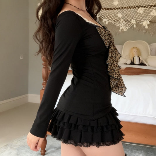 Long sleeve bowknot leopard print v neck top | Festival Outfits Women | Cheetah Print Top