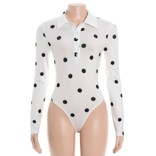 Polka dot long sleeve turnover collar button bodysuit | Festival Outfits Women