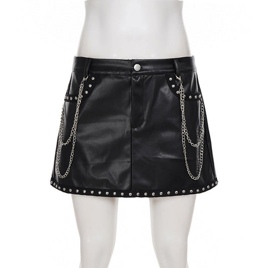 Metal chain zip-up PU leather pocket mini skirt Cargo Mini Skirt | Festival Outfits Women
