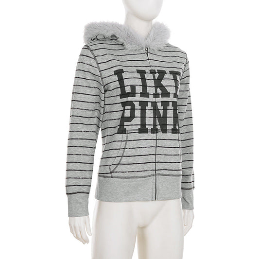 Hoodie fluffy long sleeve zip-up "LIKE PINK" pattern top | Festival Outfits Women