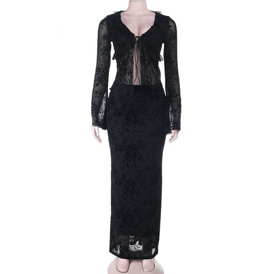Long sleeve v neck lace self tie ruffle maxi skirt set | Festival Outfits Women