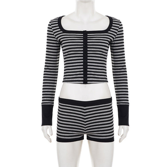 Long sleeve striped square neck low rise pant set | Festival Outfits Women